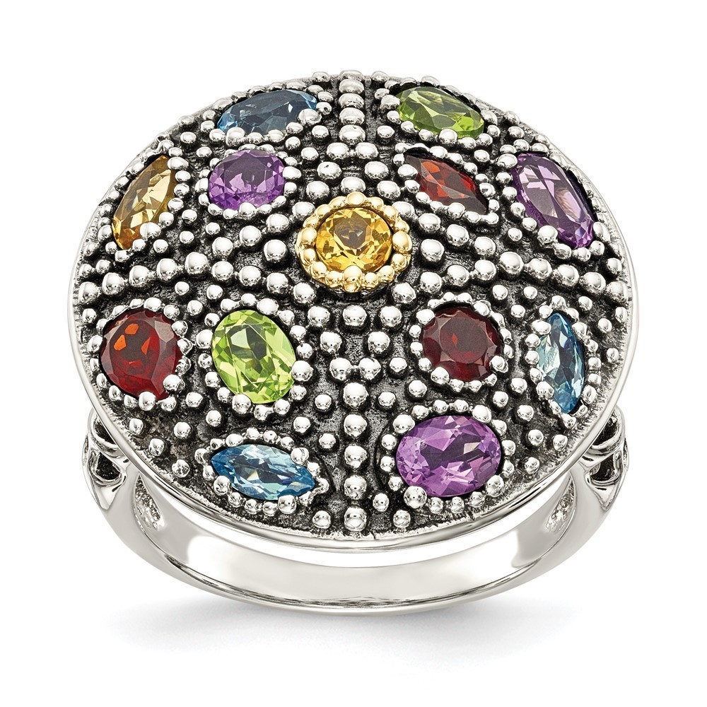 SS 14K Accent Antiqued Amethyst Citrine Blue Topaz Peridot Garnet Ring Size 8